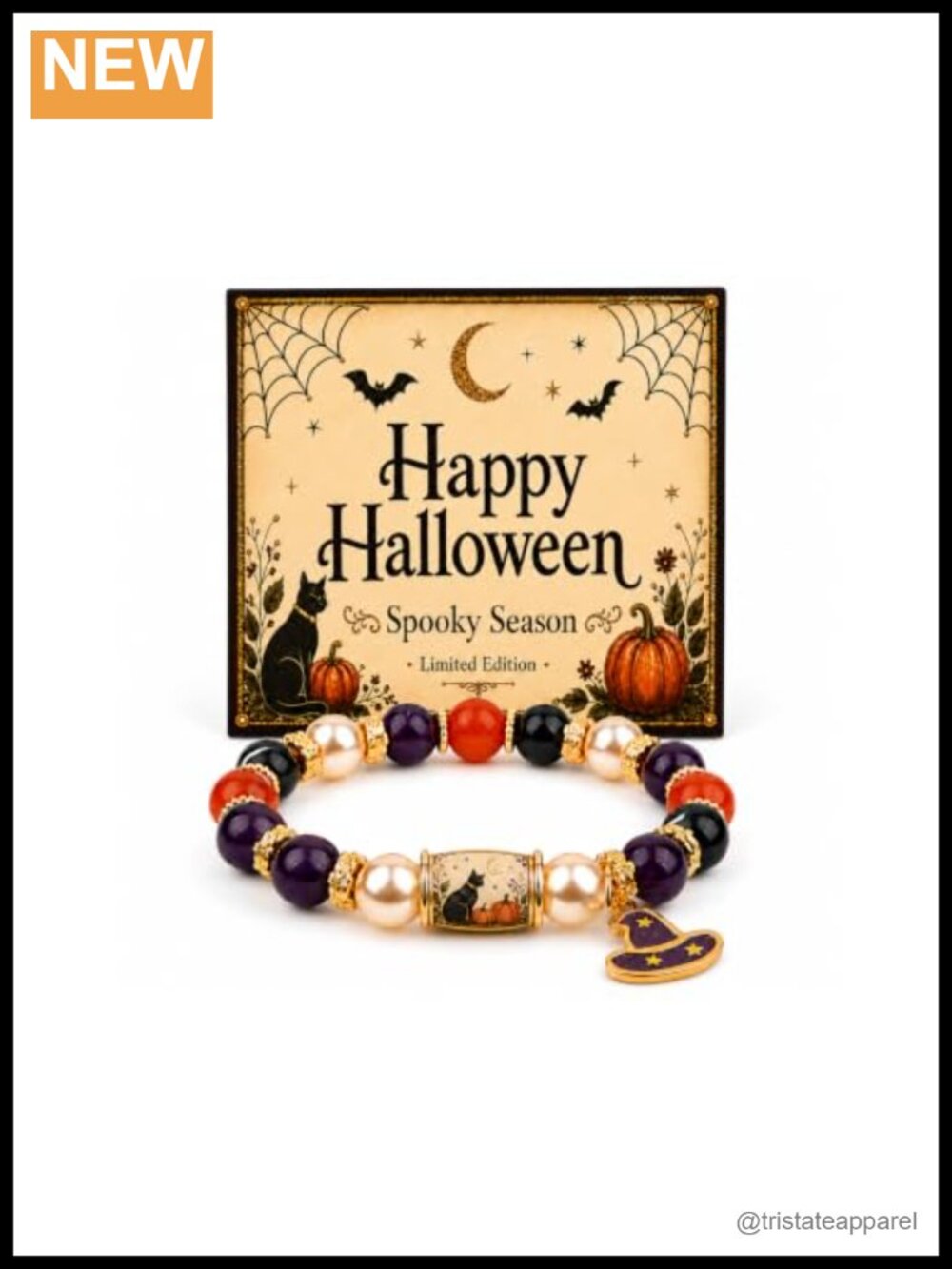 Halloween Stretch Beaded Bracelet with Witch Hat Charm Adjustable